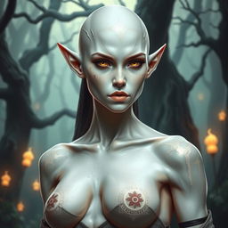 A female elf with white skin, bald, showing a serious expression, adorned with a few scars on her face