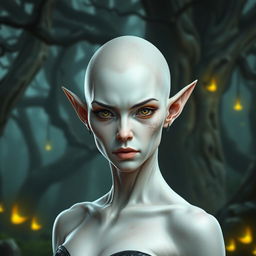 A female elf with white skin, bald, showing a serious expression, adorned with a few scars on her face