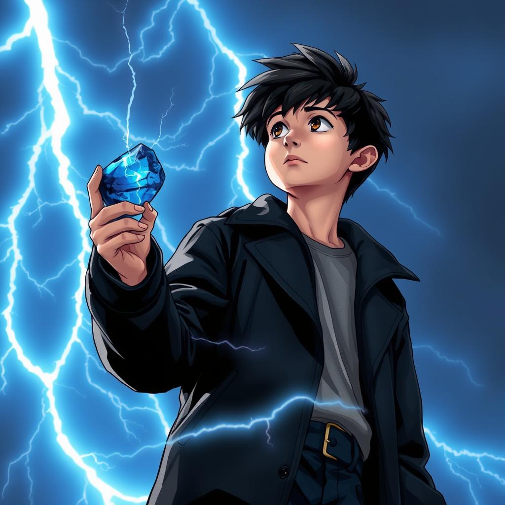 A 14-year-old teenager with slightly messy black hair and brown eyes, wearing a black coat and navy blue pants, looks at the sky where radiant sky-blue lightning bolts illuminate the background with mystical energy, creating a dynamic contrast with his figure