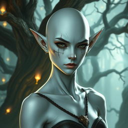 A female elf with white skin, bald, showing a serious expression, adorned with a few scars on her face