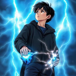 A 14-year-old teenager with slightly messy black hair and brown eyes, wearing a black coat and navy blue pants, looks at the sky where radiant sky-blue lightning bolts illuminate the background with mystical energy, creating a dynamic contrast with his figure