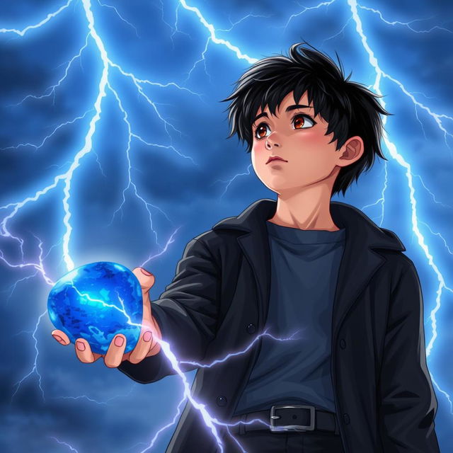 A 14-year-old teenager with slightly messy black hair and brown eyes, wearing a black coat and navy blue pants, looks at the sky where radiant sky-blue lightning bolts illuminate the background with mystical energy, creating a dynamic contrast with his figure