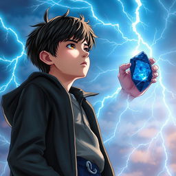 A 14-year-old teenager with slightly messy black hair and brown eyes, wearing a black coat and navy blue pants, looks at the sky where radiant sky-blue lightning bolts illuminate the background with mystical energy, creating a dynamic contrast with his figure