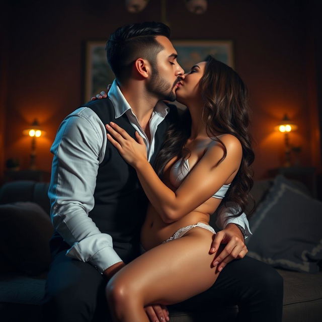 A sexy, attractive woman sitting on the lap of a handsome man