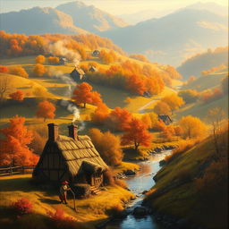 A serene and captivating landscape painting of a quaint rural village nestled in the rolling hills during autumn