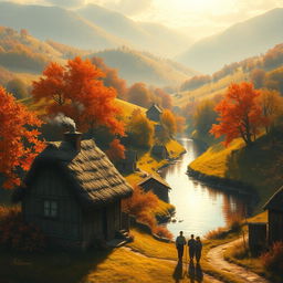 A serene and captivating landscape painting of a quaint rural village nestled in the rolling hills during autumn