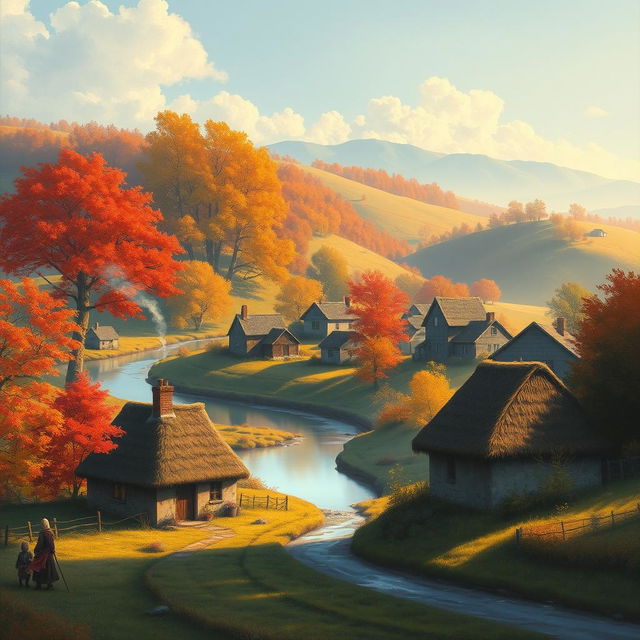 A serene and captivating landscape painting of a quaint rural village nestled in the rolling hills during autumn