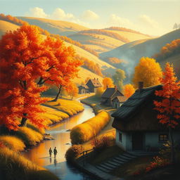 A serene and captivating landscape painting of a quaint rural village nestled in the rolling hills during autumn