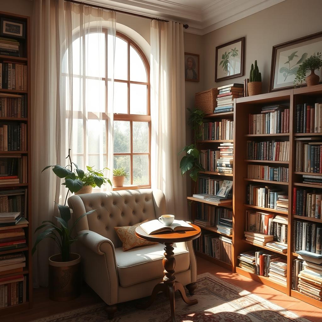 a cozy personal library filled with tall bookshelves stacked with books of various sizes and colors