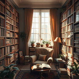 a cozy personal library filled with tall bookshelves stacked with books of various sizes and colors