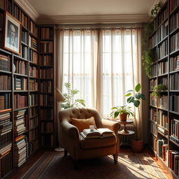 a cozy personal library filled with tall bookshelves stacked with books of various sizes and colors