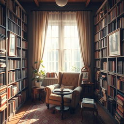 a cozy personal library filled with tall bookshelves stacked with books of various sizes and colors