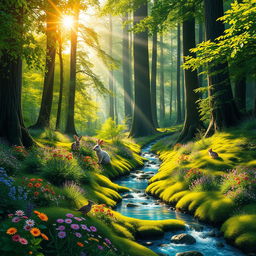 A vibrant and enchanting forest scene, with lush green foliage and tall, majestic trees reaching towards the sky