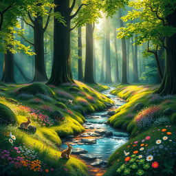 A vibrant and enchanting forest scene, with lush green foliage and tall, majestic trees reaching towards the sky