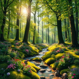 A vibrant and enchanting forest scene, with lush green foliage and tall, majestic trees reaching towards the sky