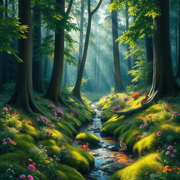 A vibrant and enchanting forest scene, with lush green foliage and tall, majestic trees reaching towards the sky