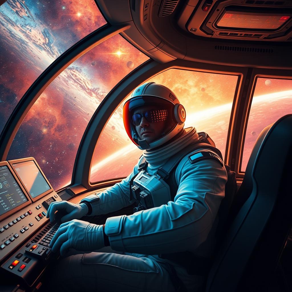 A heroic spaceship pilot navigating through a vibrant cosmic landscape