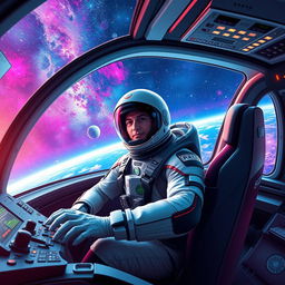 A heroic spaceship pilot navigating through a vibrant cosmic landscape