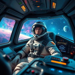 A heroic spaceship pilot navigating through a vibrant cosmic landscape