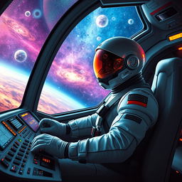 A heroic spaceship pilot navigating through a vibrant cosmic landscape