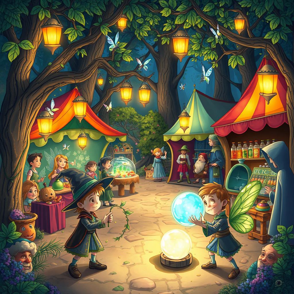 Draw a whimsical scene of a bustling fantasy marketplace set in a mystical forest