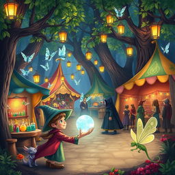 Draw a whimsical scene of a bustling fantasy marketplace set in a mystical forest