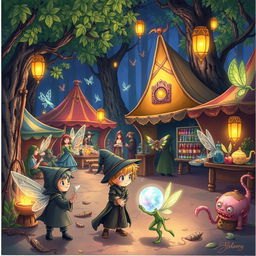 Draw a whimsical scene of a bustling fantasy marketplace set in a mystical forest