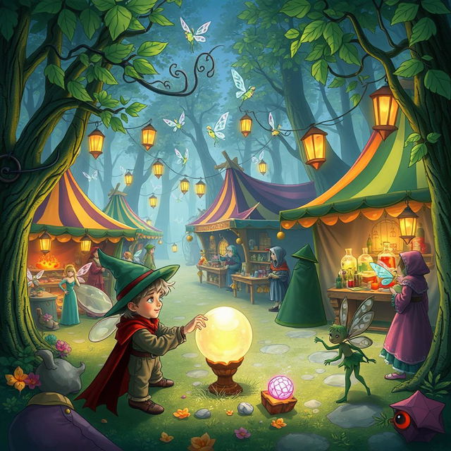 Draw a whimsical scene of a bustling fantasy marketplace set in a mystical forest