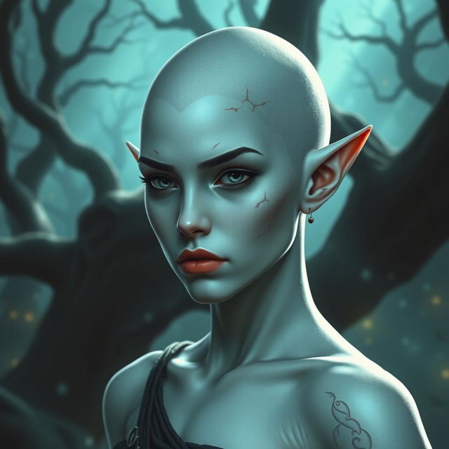 A female elf with white skin, bald, exuding a serious demeanor, with a few prominent scars on her face