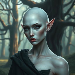 A female elf with white skin, bald, exuding a serious demeanor, with a few prominent scars on her face