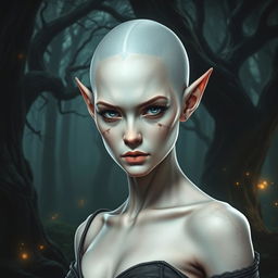 A female elf with white skin, bald, exuding a serious demeanor, with a few prominent scars on her face