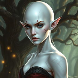 A female elf with white skin, bald, exuding a serious demeanor, with a few prominent scars on her face