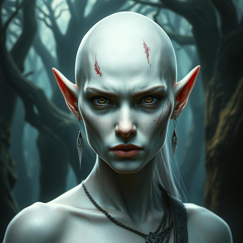 A female elf with white skin, bald, exhibiting a serious and intense expression