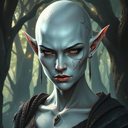 A female elf with white skin, bald, exhibiting a serious and intense expression