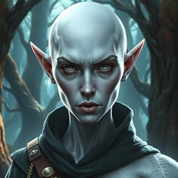 A female elf with white skin, bald, exhibiting a serious and intense expression