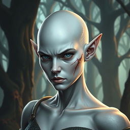 A female elf with white skin, bald, exhibiting a serious and intense expression