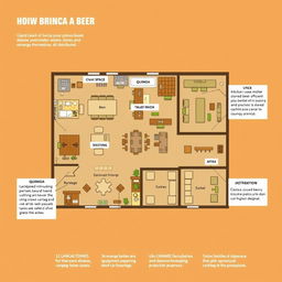 A floor plan of a specific space within a company that produces and distributes quinoa-based craft beer