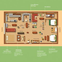 A floor plan of a specific space within a company that produces and distributes quinoa-based craft beer