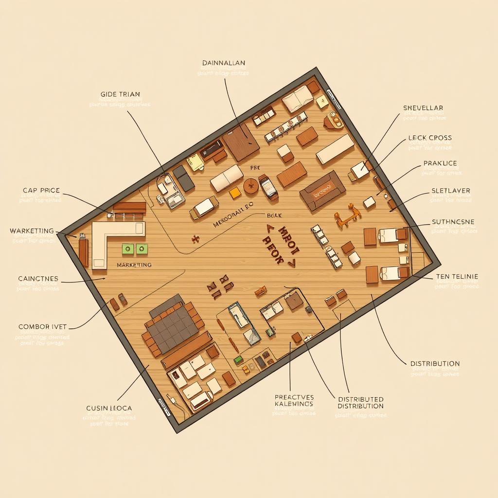 A floor plan of a specific space within a company that produces and distributes quinoa-based craft beer