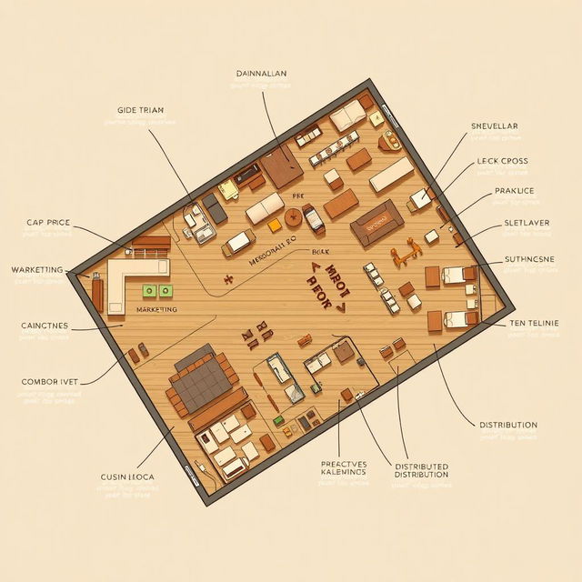 A floor plan of a specific space within a company that produces and distributes quinoa-based craft beer