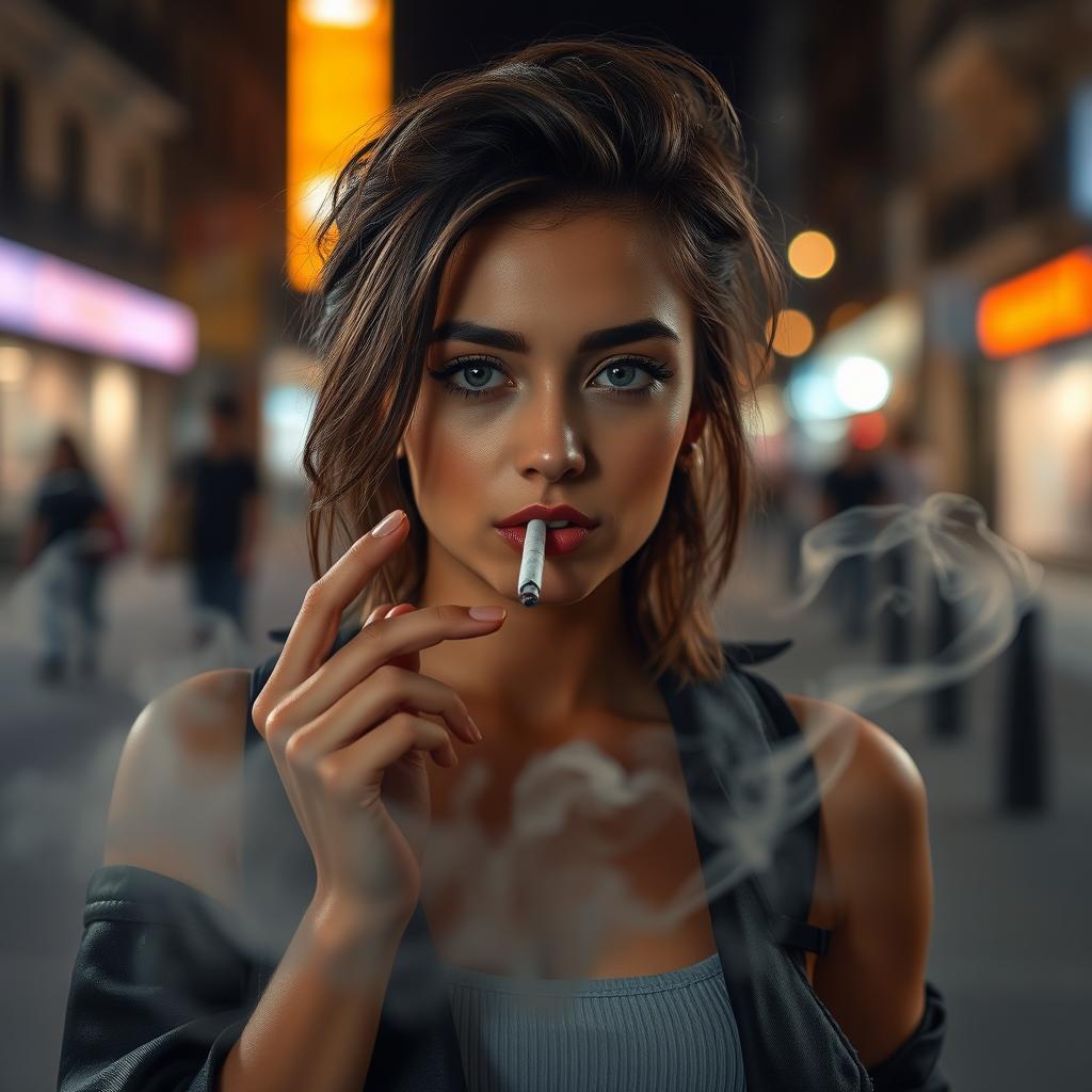 A captivating scene featuring a young woman casually smoking in an urban setting