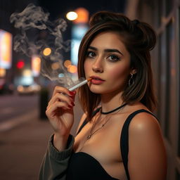 A captivating scene featuring a young woman casually smoking in an urban setting