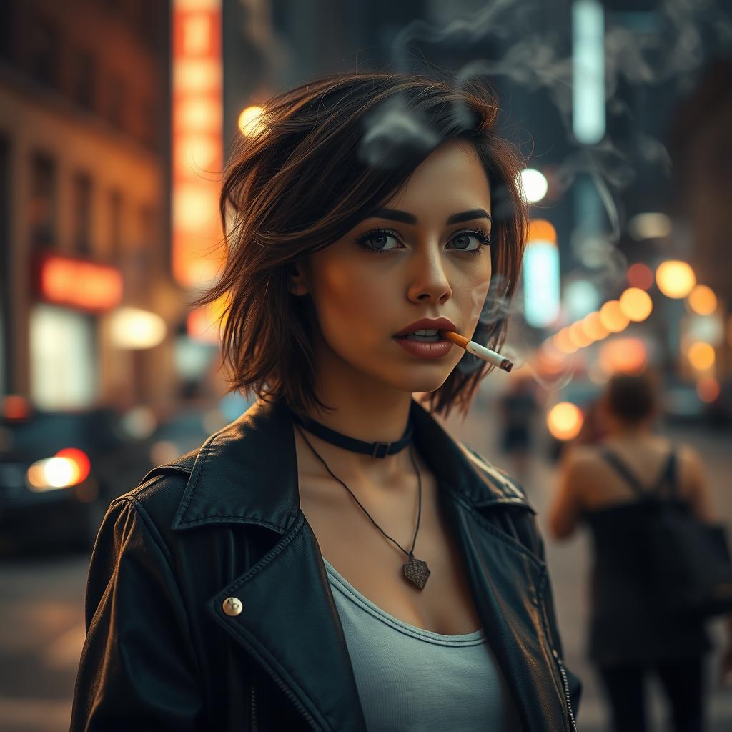 A captivating scene featuring a young woman casually smoking in an urban setting