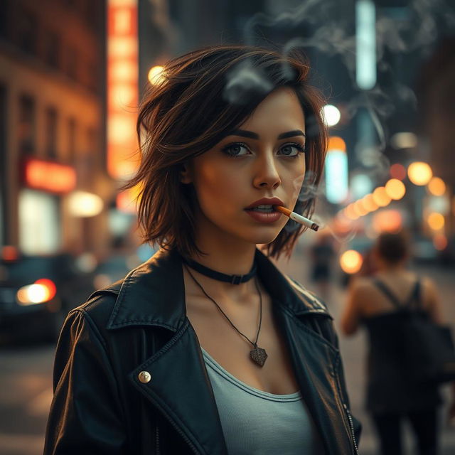 A captivating scene featuring a young woman casually smoking in an urban setting