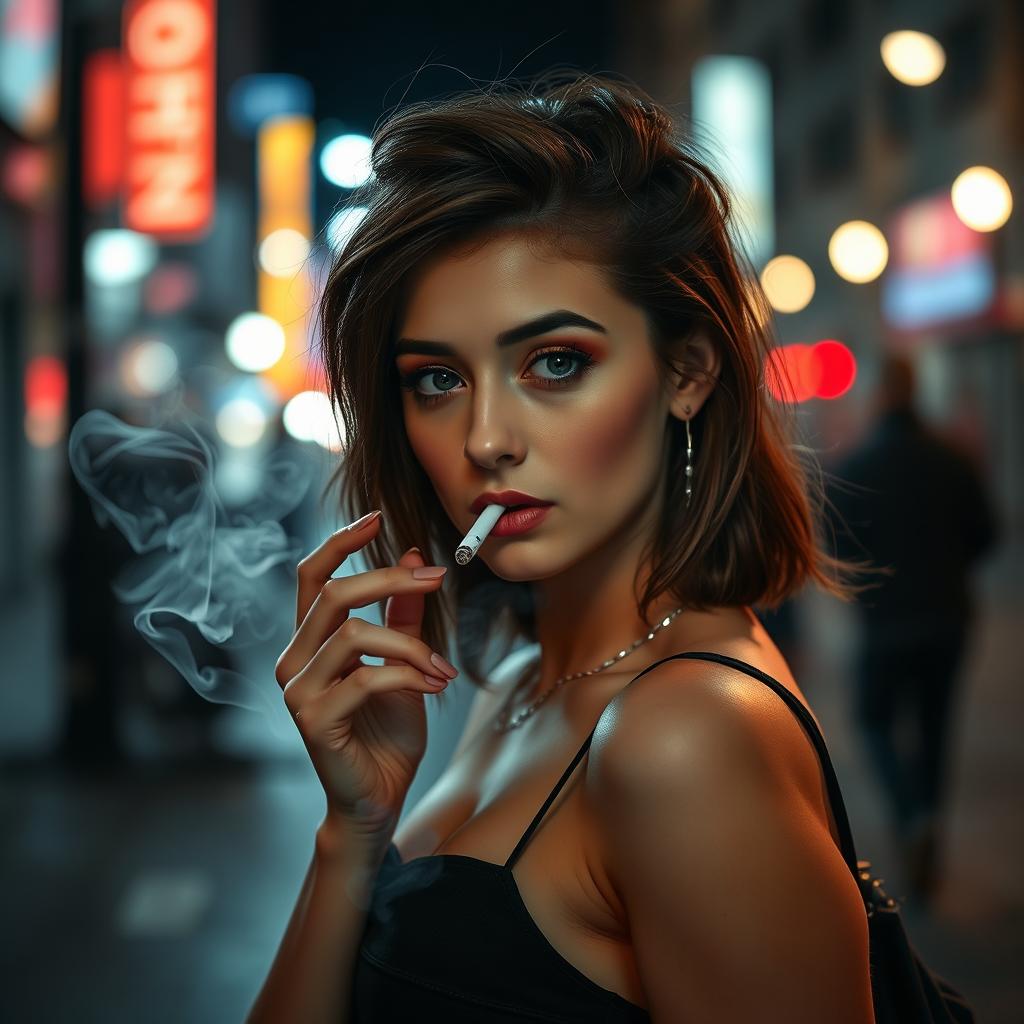A captivating scene featuring a young woman casually smoking in an urban setting