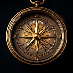 A beautifully designed compass with the North and South markers in a rich, luminous gold color