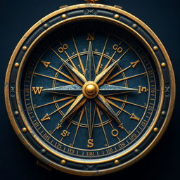 A beautifully designed compass with the North and South markers in a rich, luminous gold color