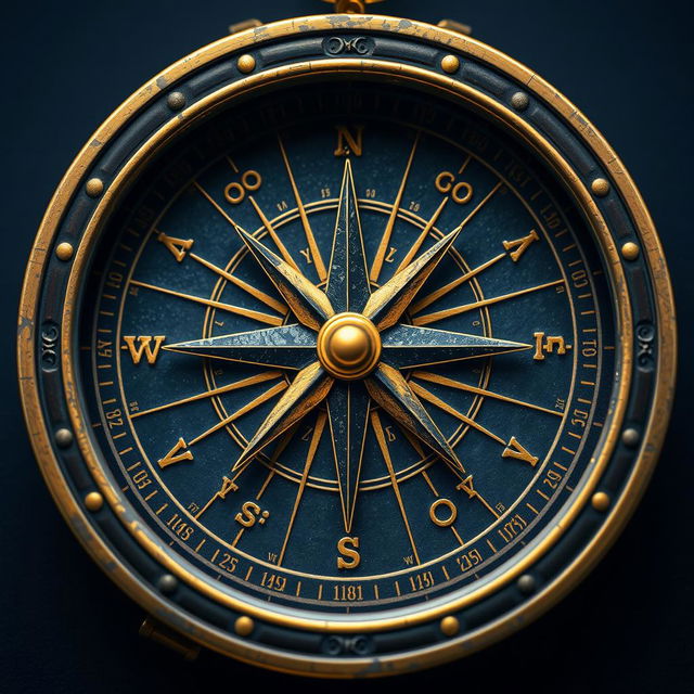 A beautifully designed compass with the North and South markers in a rich, luminous gold color