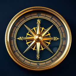 A beautifully designed compass with the North and South markers in a rich, luminous gold color