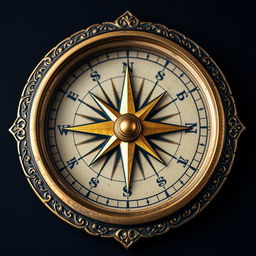 A beautifully designed compass with the North and South markers in a rich, luminous gold color